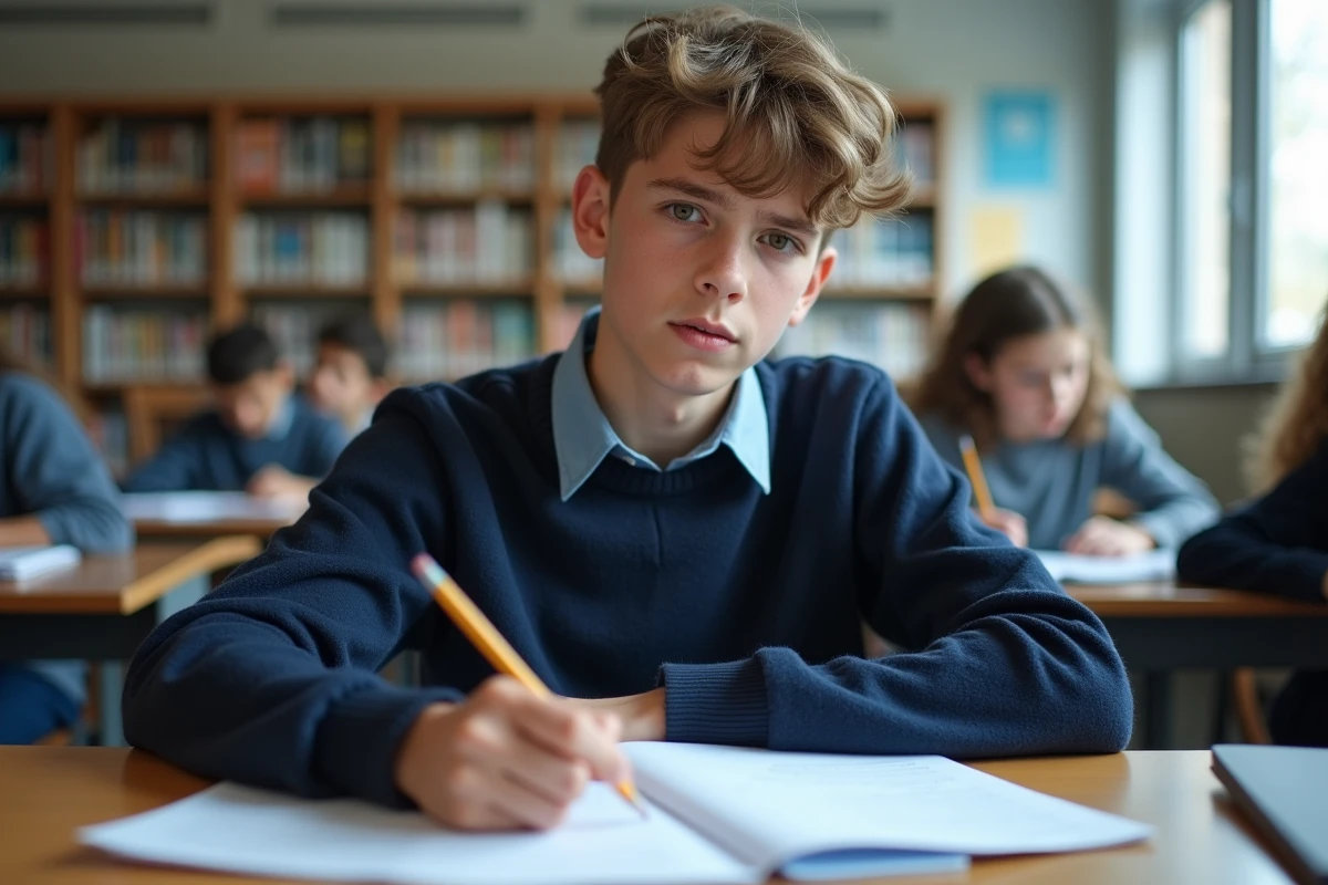Adolescent en lycée travaillant sur ses devoirs dans une bibliothèque scolaire avec un air concentré