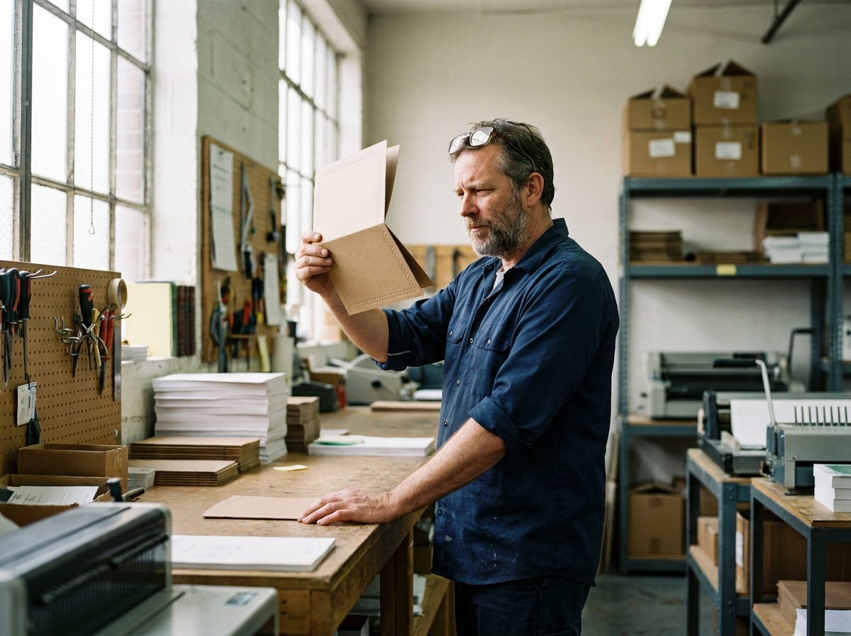 Artisan inspecte la finition gaufrée d'un livret cartonné dans un atelier de reliure et d'impression professionnelle