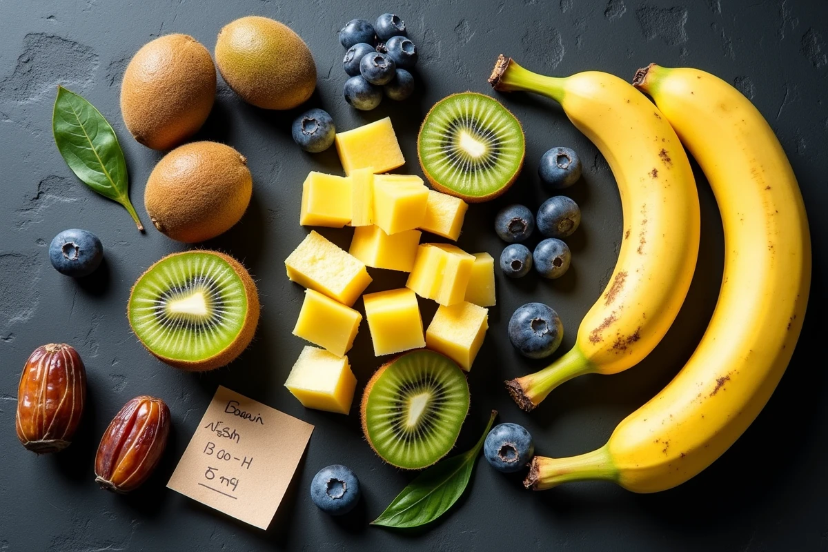 Assortiment de fruits frais riches en glucides naturels pour soutenir la prise de masse musculaire, vue de dessus
