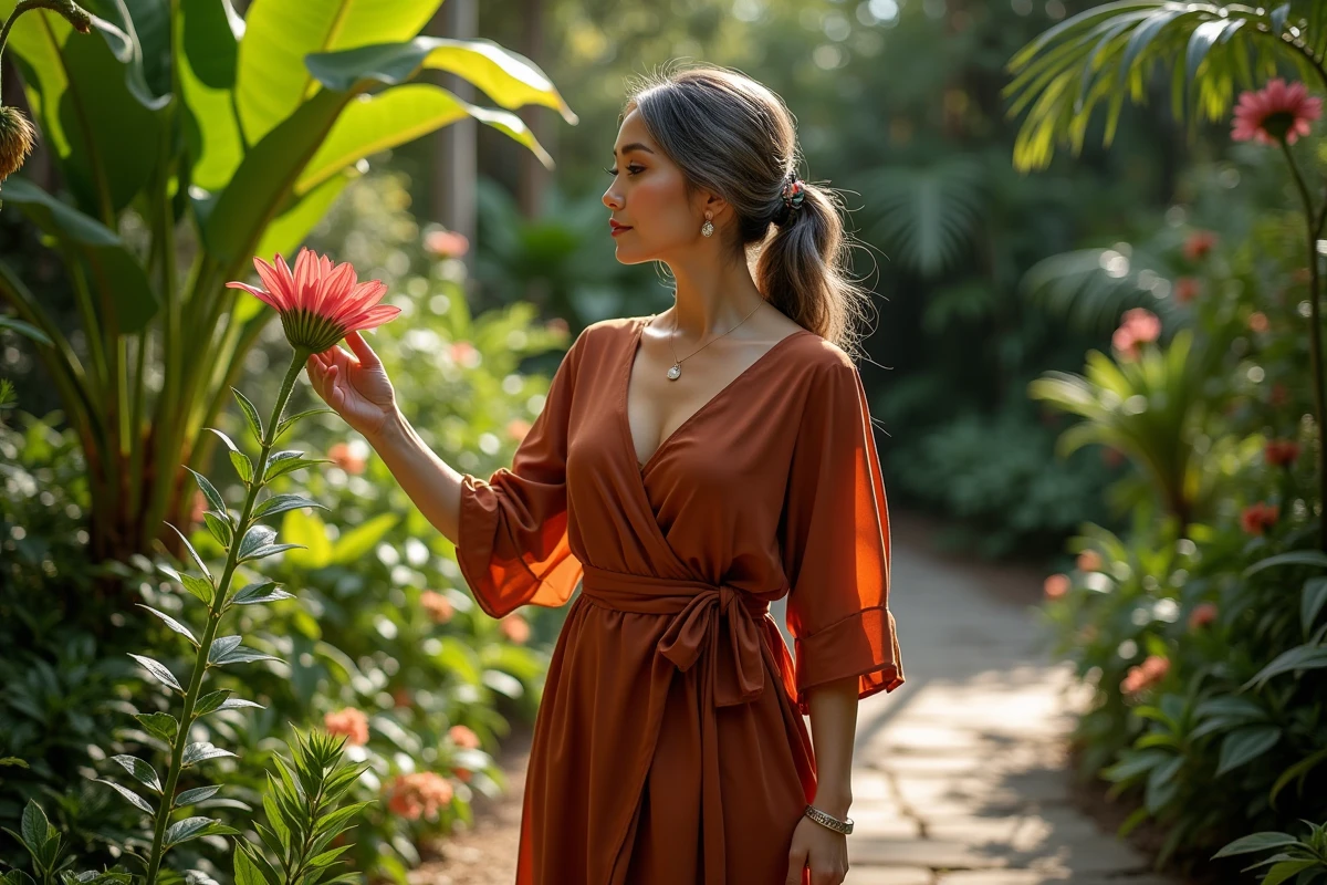 Femme élégante aux cheveux grisonnants dans un jardin botanique luxuriant, incarnant la beauté naturelle et l'originalité à tout âge