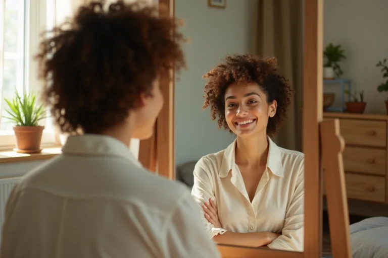 Femme aux cheveux bouclés naturels se regardant dans un miroir avec confiance, révélant sa beauté authentique au naturel