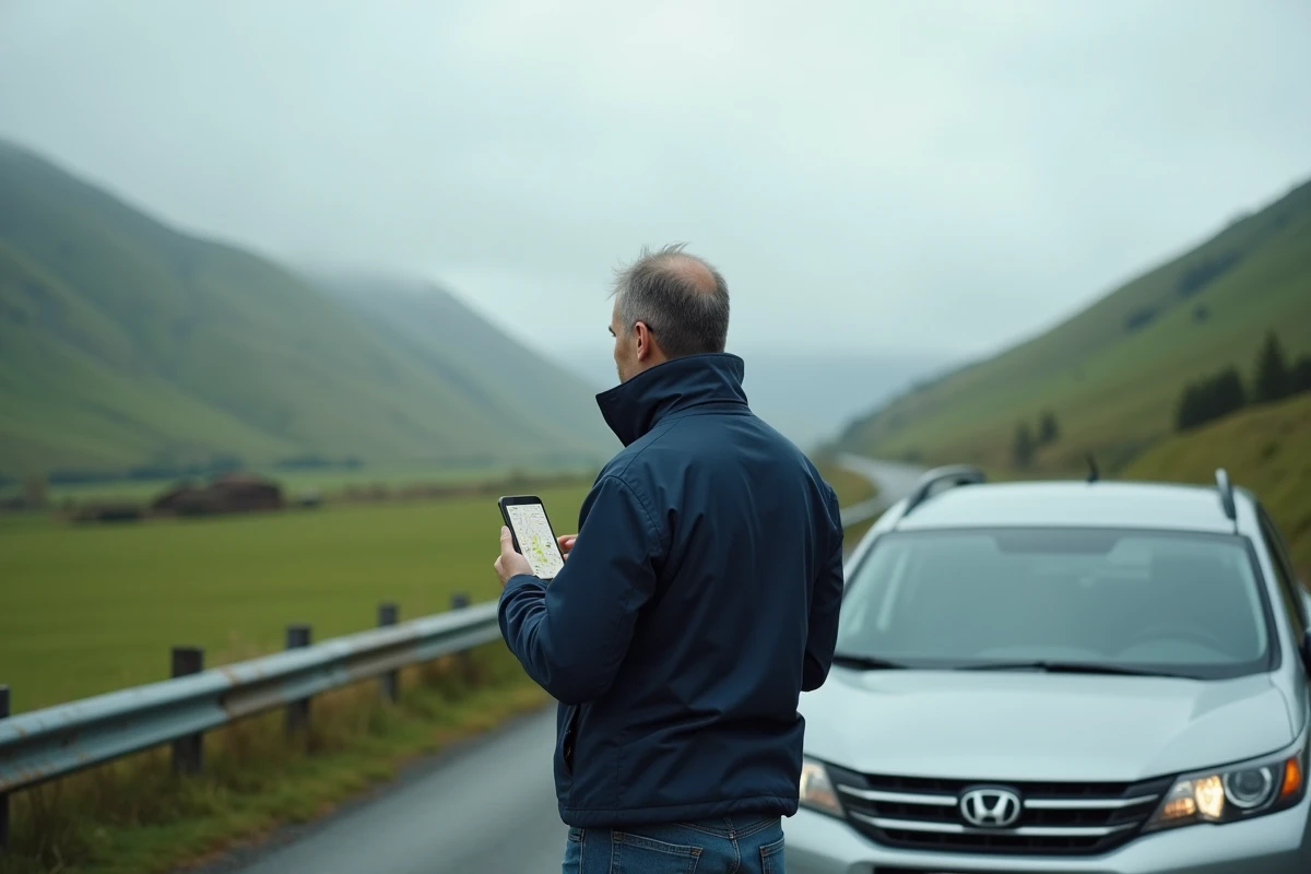 Homme consultant une application de calcul d'itinéraire sur smartphone au bord d'une route de campagne