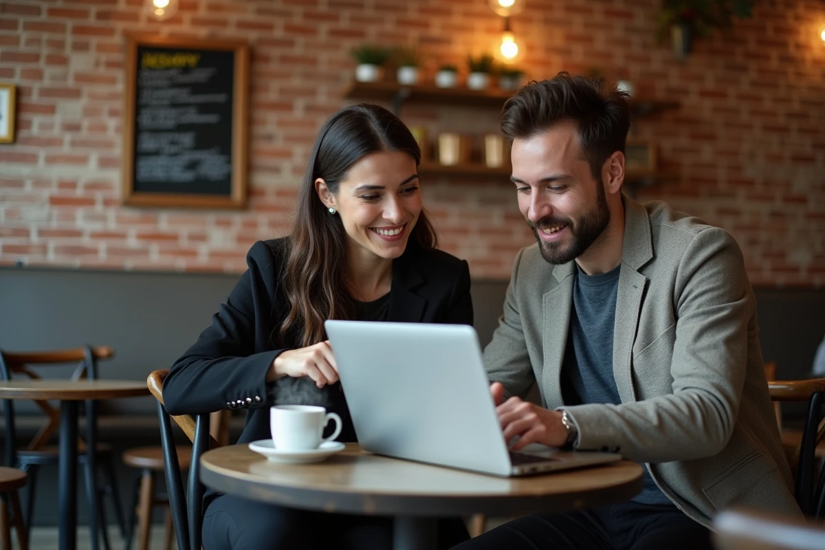 Deux professionnels collaborant sur un outil en ligne de bilan de compétences dans un café pour accompagner leur reconversion