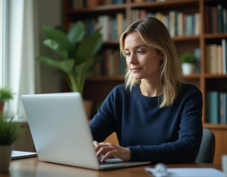 Femme en télétravail se connectant à la plateforme Metis Afpa sur son ordinateur portable depuis son bureau à domicile