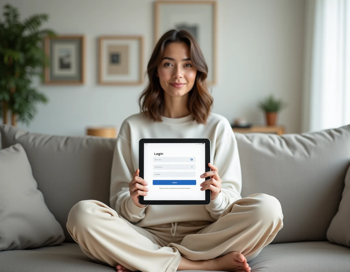 Jeune femme connectée à Metis Afpa via une tablette depuis son salon, illustrant une connexion à distance simple et sécurisée