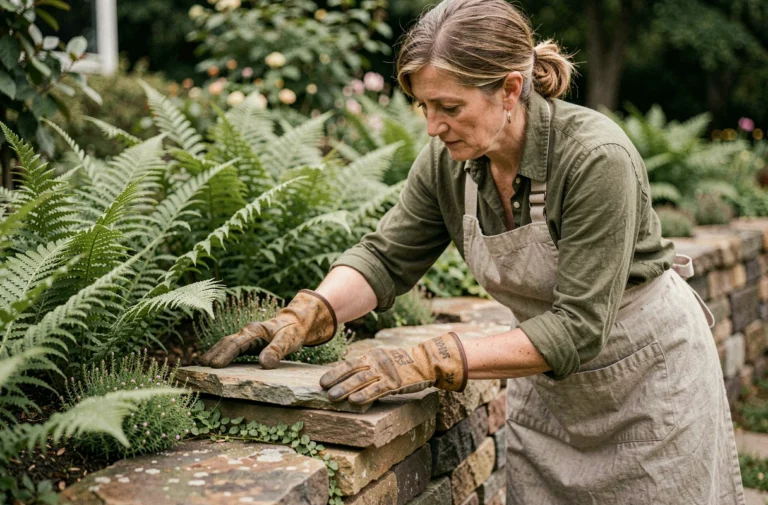 Femme posant une pierre plate sur un talus en pierre dans un jardin verdoyant