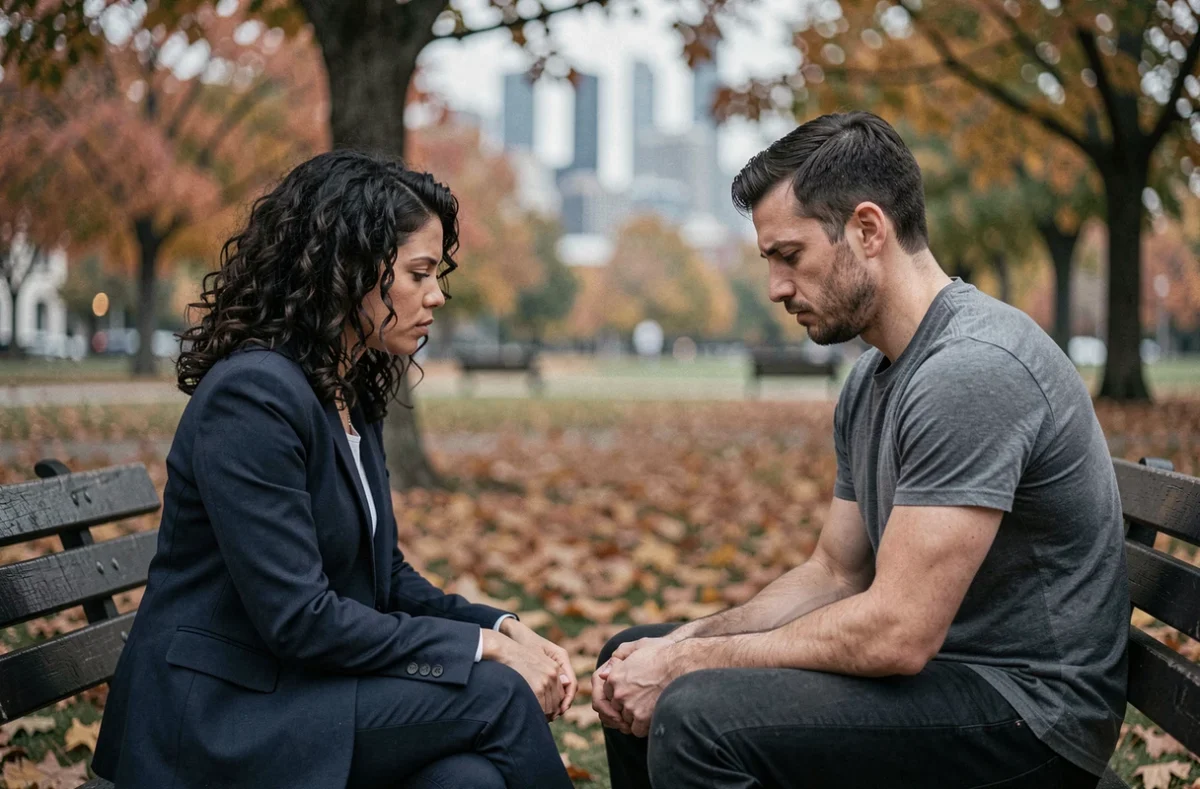 Homme et femme assis sur un banc de parc avec une expression sérieuse, symbolisant une relation compliquée et une conversation difficile