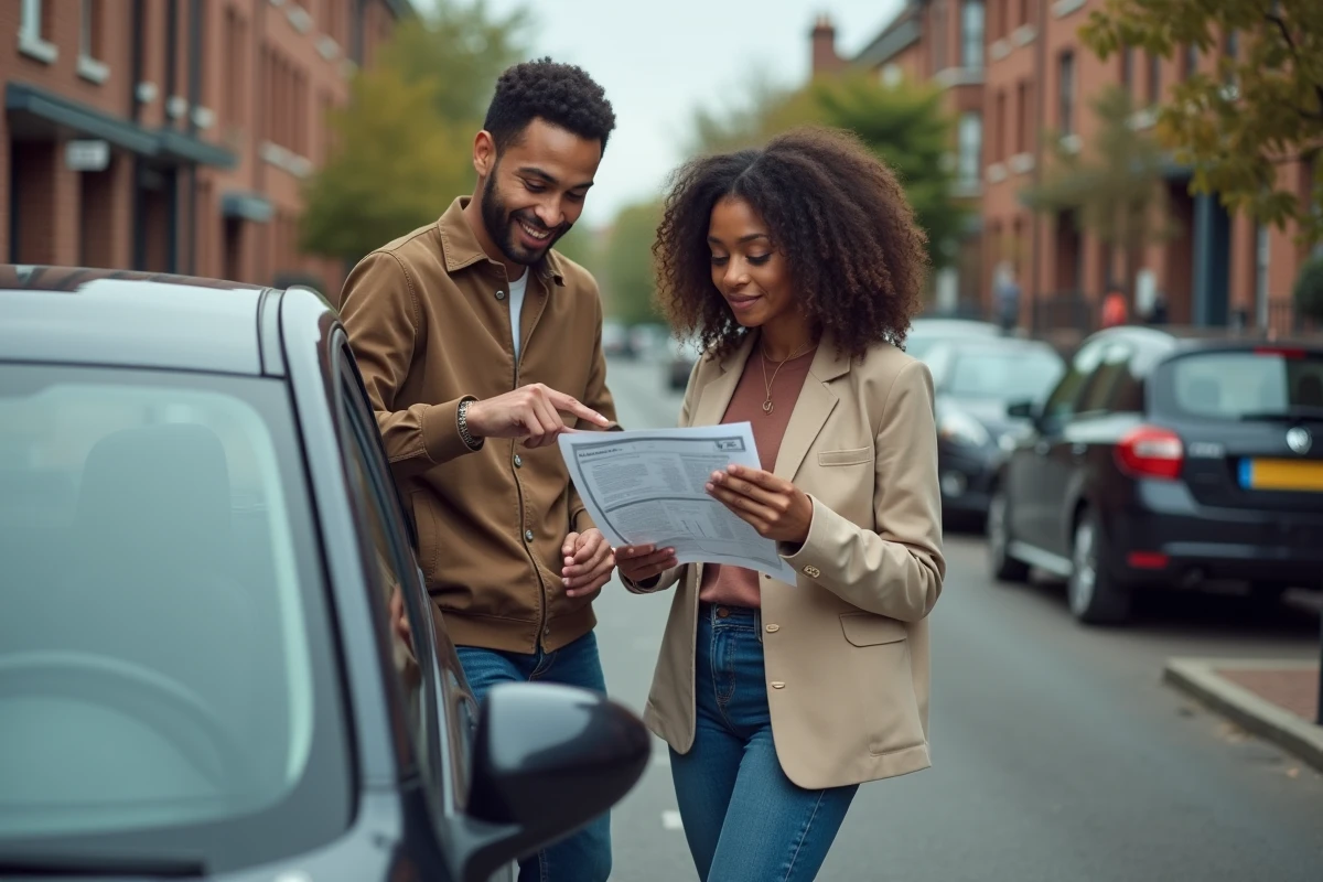 Jeune couple examinant une voiture d'occasion économique dans une rue résidentielle avec un rapport d'historique du véhicule en main