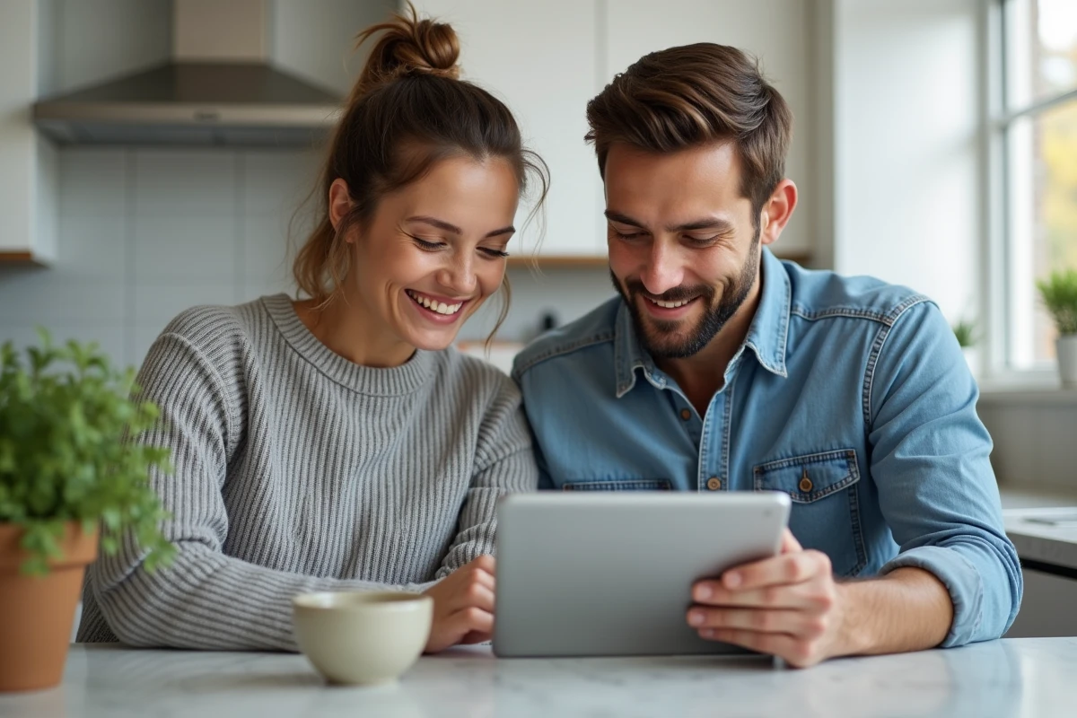 Couple de particuliers consultant une application d'investissement programmé sur tablette dans une cuisine moderne