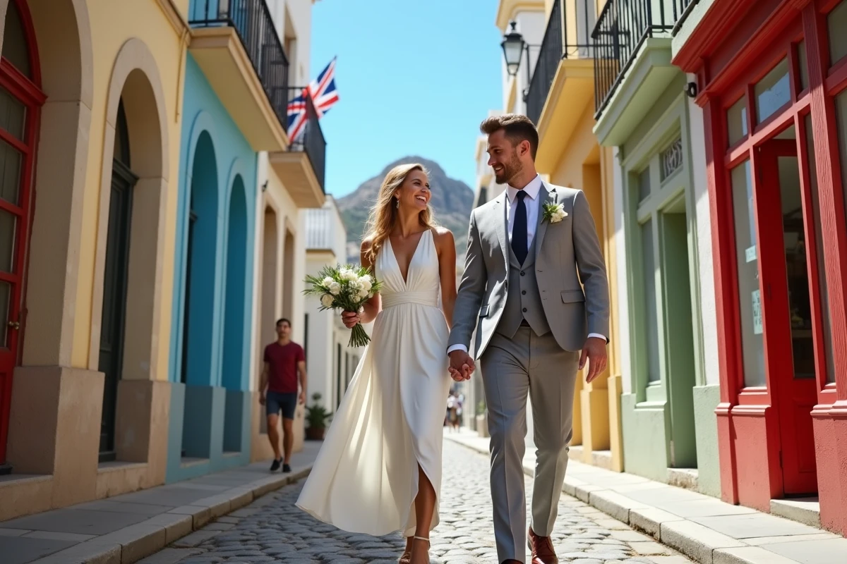 Couple de jeunes mariés se promenant dans les rues historiques de Gibraltar après leur cérémonie de mariage civil