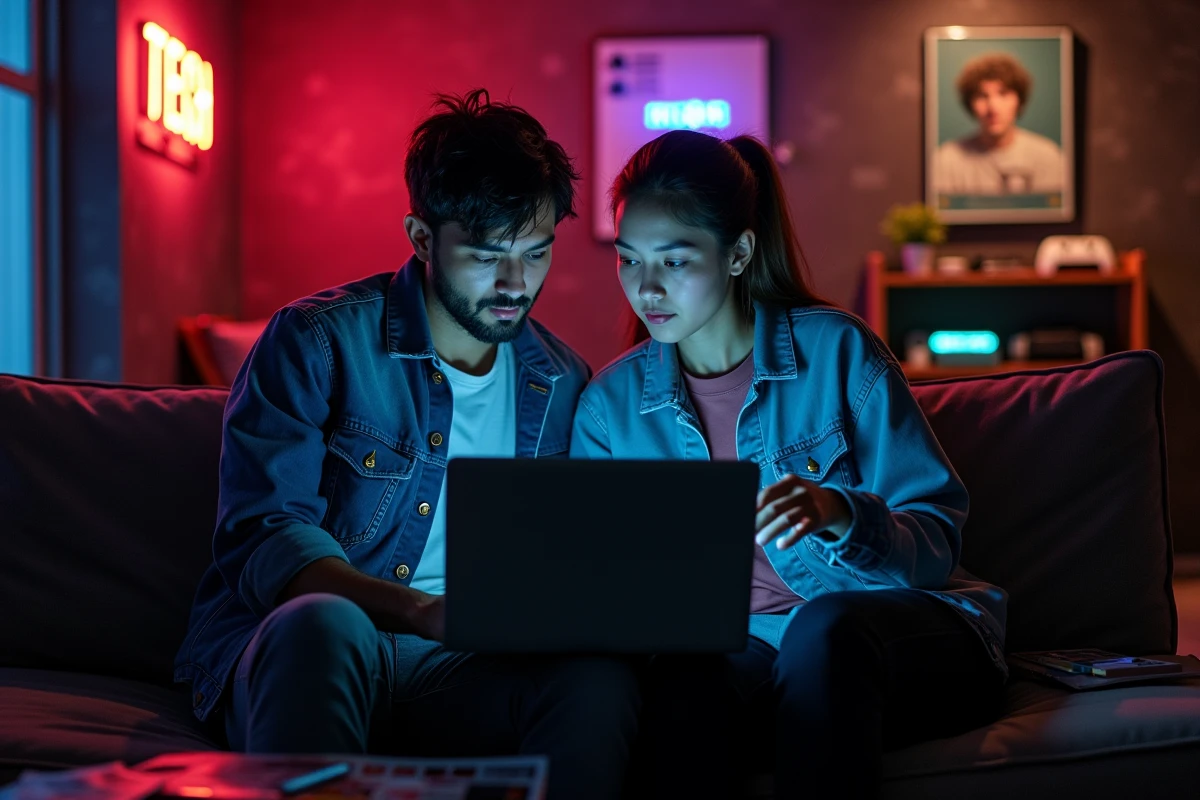 Deux passionnés de culture geek et de high-tech consultant ensemble un blog de ressources web sur un ordinateur portable dans un salon gaming rétro