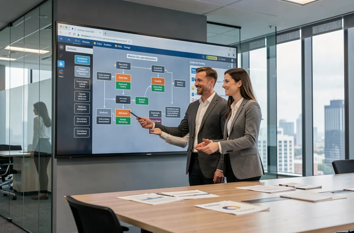 Deux professionnels discutant des diagrammes d'intégration du module ITEA sur un écran interactif en salle de réunion