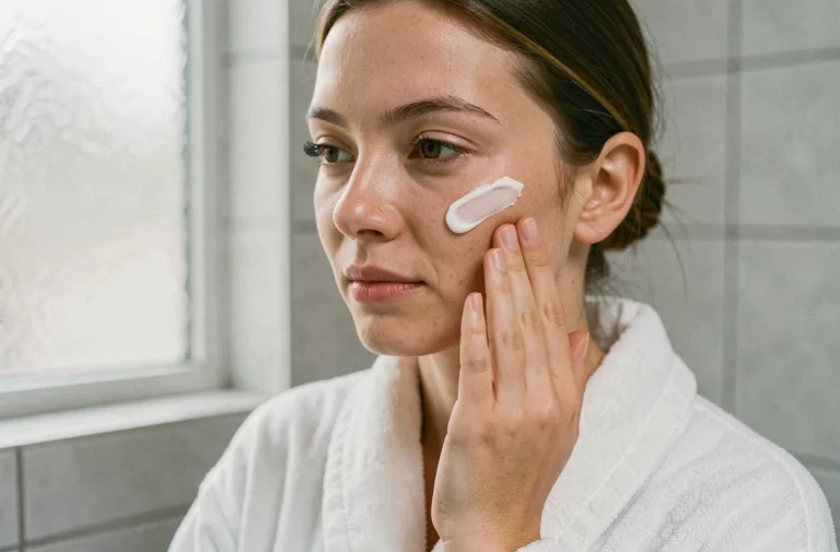 Jeune femme appliquant une crème hydratante CeraVe sur son visage dans une salle de bain minimaliste