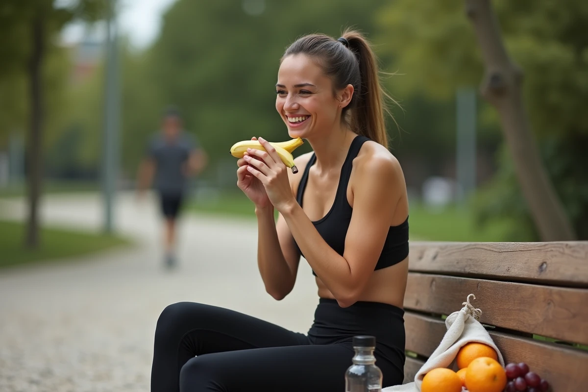 Une femme athlétique mange une banane après l'entraînement dans un parc, illustrant l'importance des fruits pour la récupération musculaire