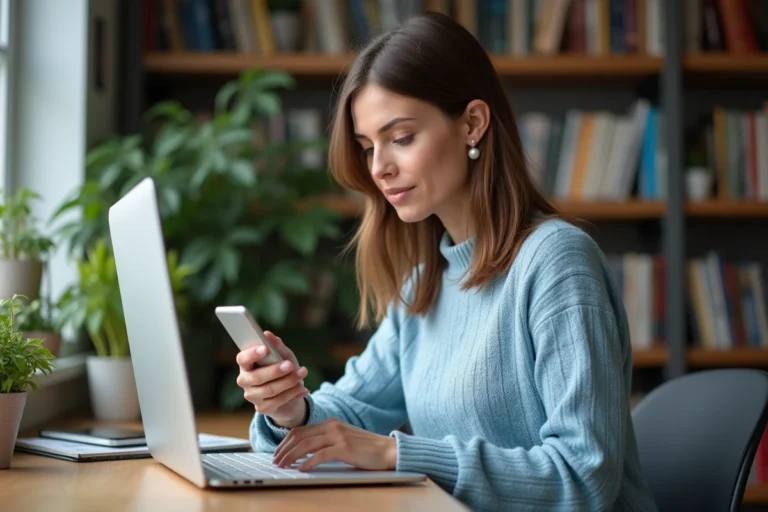 Femme concentrée sur son ordinateur dans un bureau moderne
