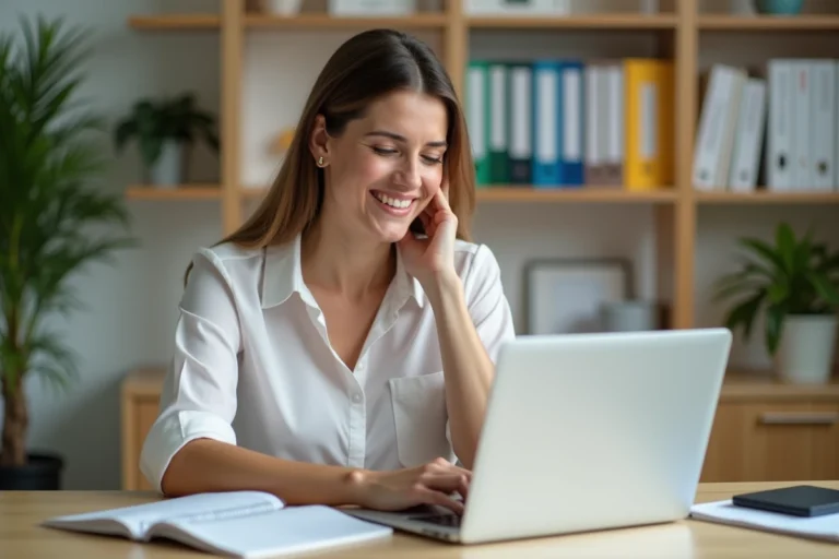 Femme en bureau moderne utilisant un ordinateur portable