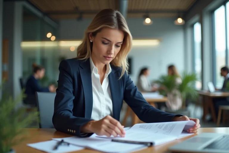 Femme cadre en entreprise examinant des documents liés à l'épargne salariale dans un bureau moderne
