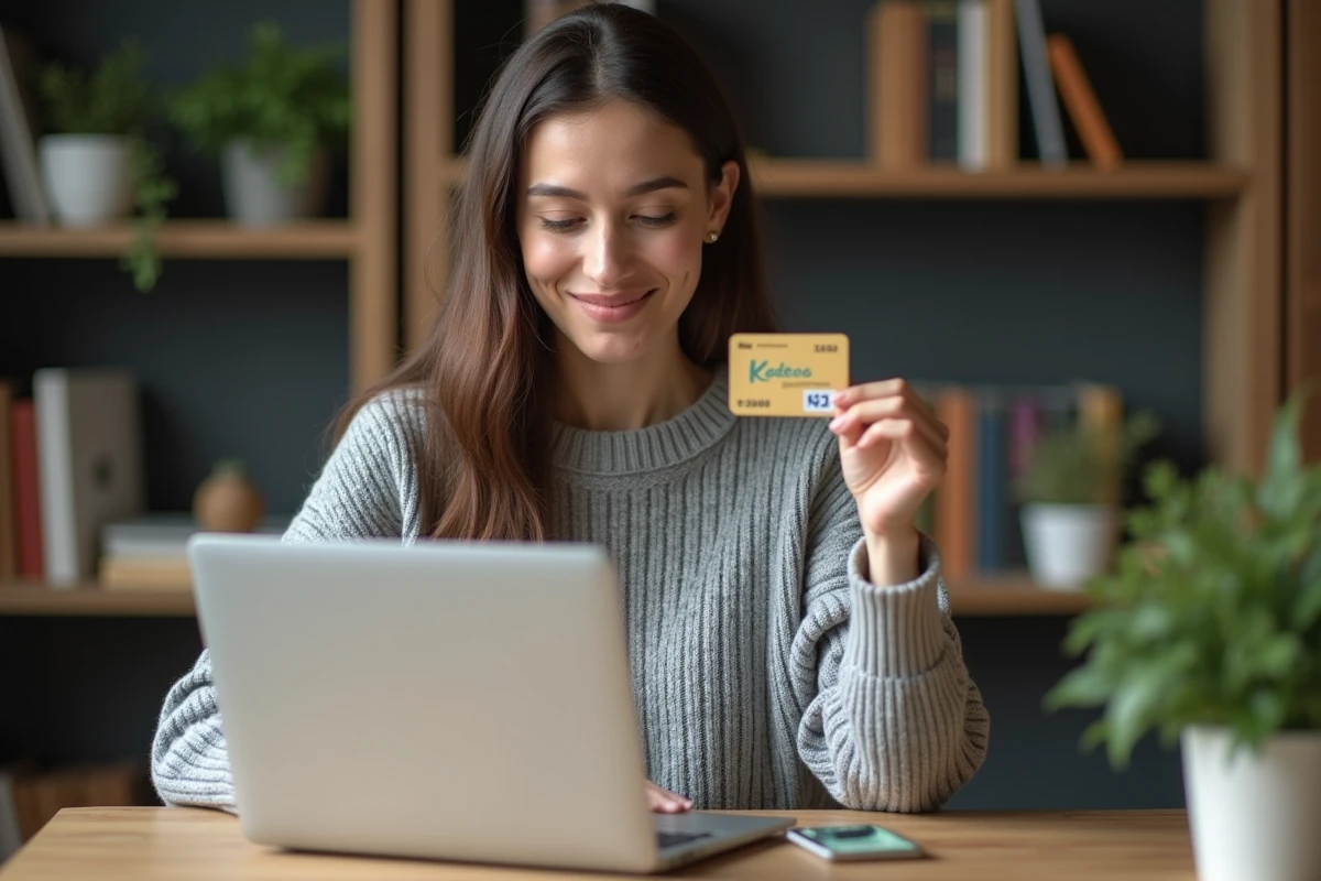 Femme tenant une carte cadeau Kadéos devant un ordinateur portable pour effectuer un achat en ligne sur Amazon