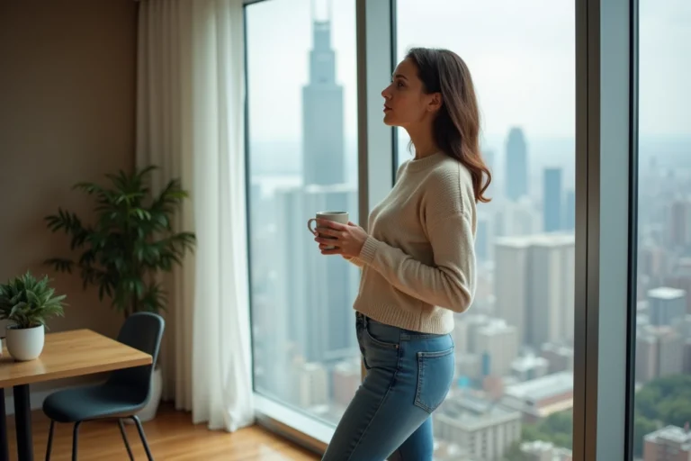 Femme contemplant la ville depuis une grande fenêtre