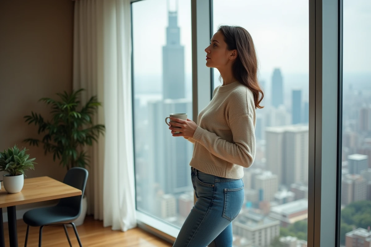 Femme contemplant la ville depuis une grande fenêtre