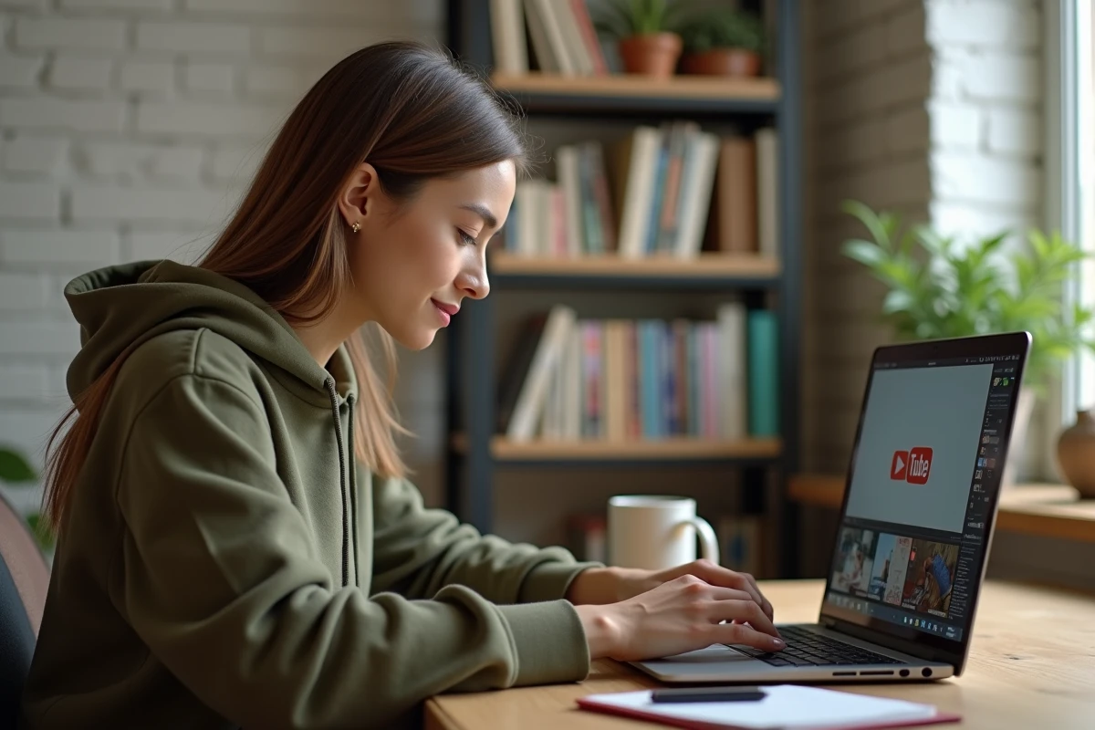Jeune femme utilisant un convertisseur vidéo YouTube sur un ordinateur portable dans un bureau à domicile moderne