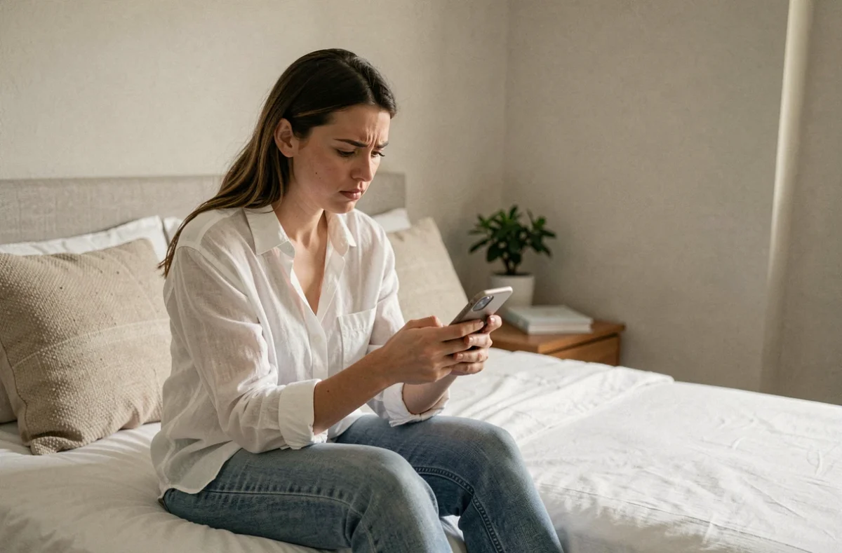 Jeune femme assise sur son lit regardant son téléphone avec une expression mélancolique, reflétant les dilemmes émotionnels liés à un amour interdit