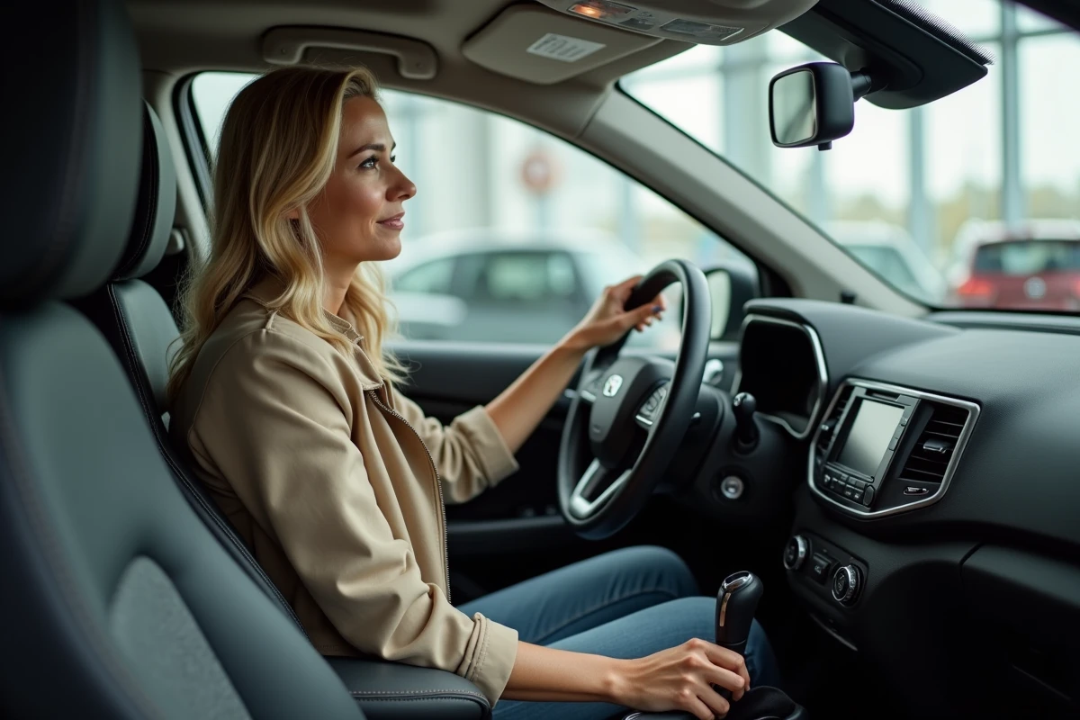 Femme assise au volant d'un SUV d'occasion dans une salle d'exposition automobile pour évaluer l'intérieur du véhicule