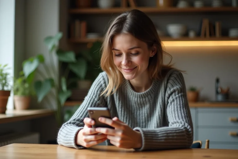 Femme jouant à Candy Crush sur smartphone dans un appartement moderne, classement mondial de jeu mobile