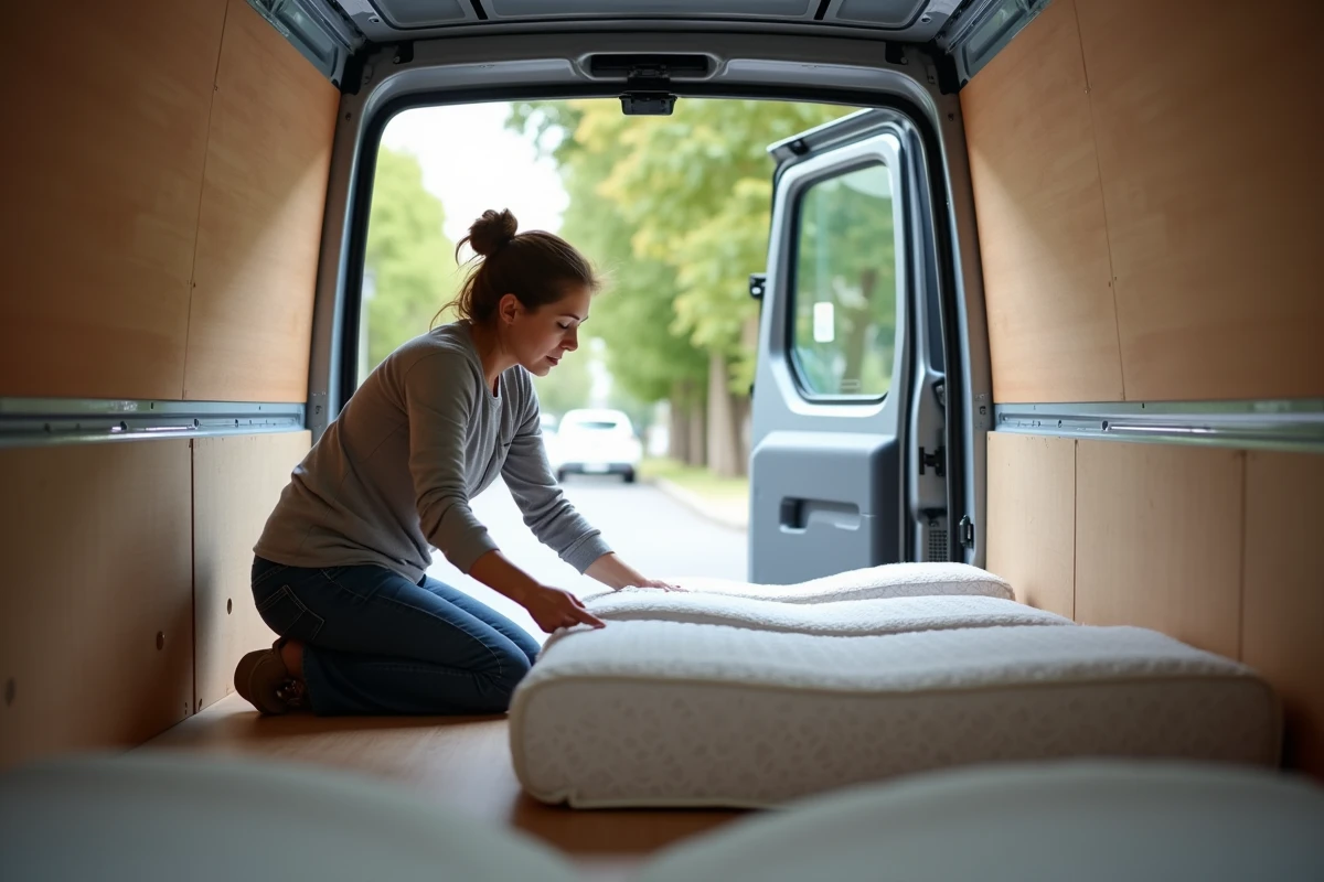 Femme arrange trois matelas dans une vanne propre