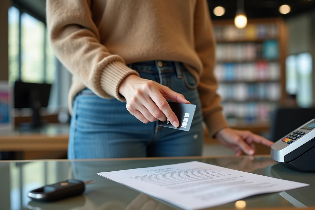Femme insérant sa carte dans terminal de paiement voiture