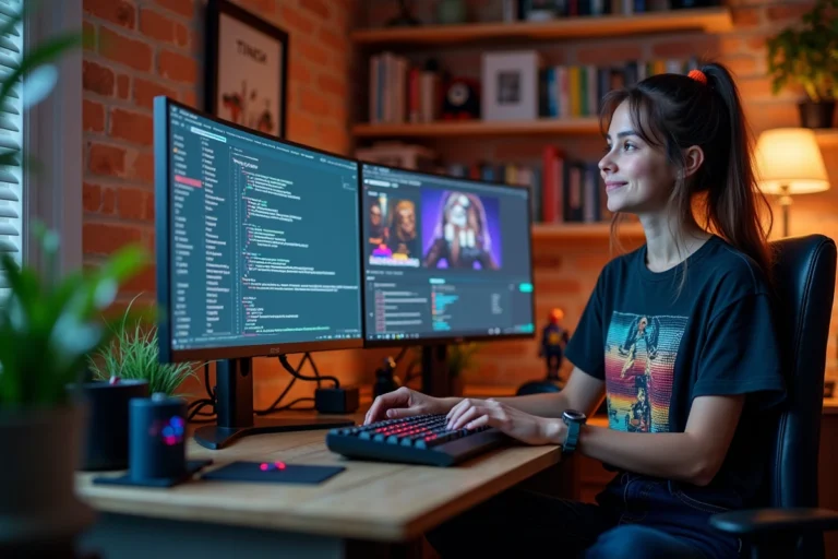 Jeune femme passionnée de high-tech naviguant sur des ressources web geek depuis son bureau gaming décoré de figurines et de claviers mécaniques