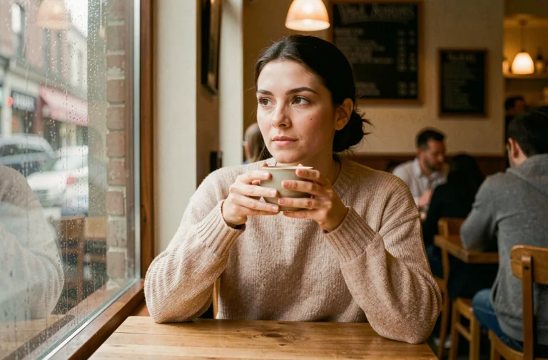 Femme pensive seule dans un café, regardant par la fenêtre sous la pluie, illustrant le sentiment amoureux non partagé