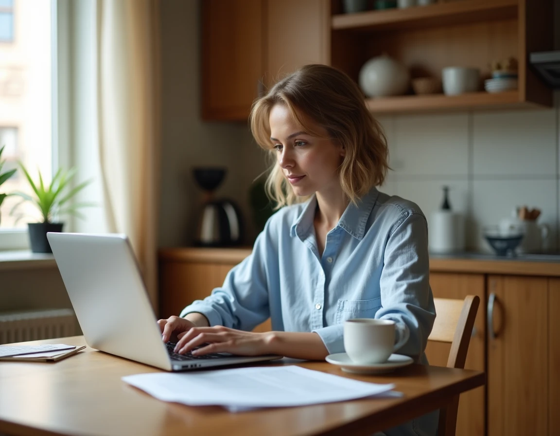 Femme publiant une petite annonce en ligne sur son ordinateur portable dans une cuisine moderne