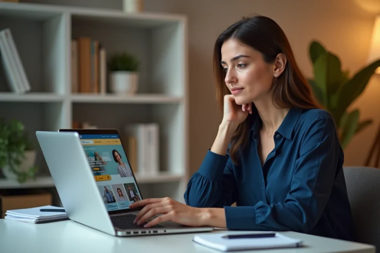 Femme en reconversion professionnelle utilisant une plateforme d'apprentissage en ligne depuis son bureau à domicile
