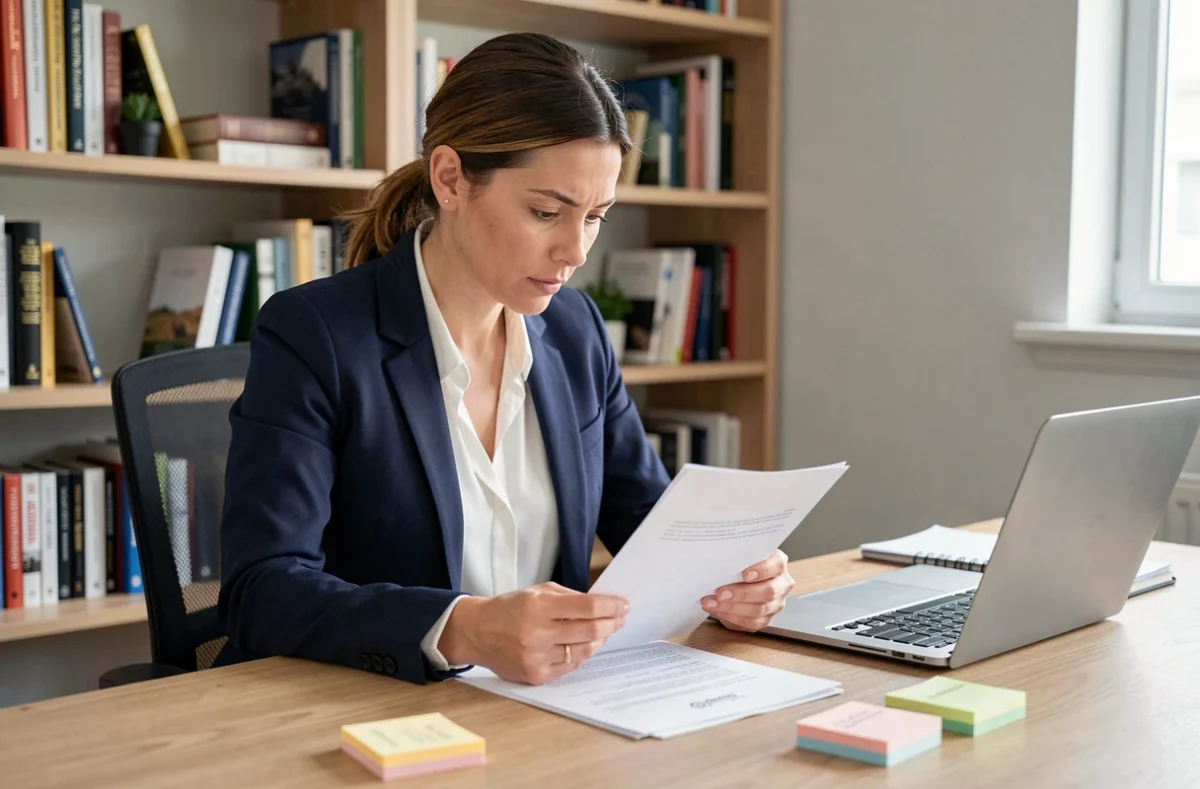 Femme professionnelle révisant son CV à son bureau à domicile pour préparer sa recherche d'emploi
