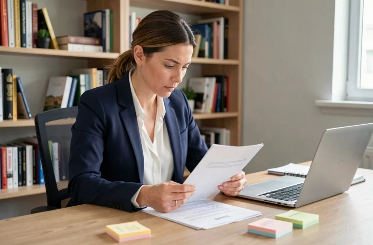 Femme professionnelle révisant son CV à son bureau à domicile pour préparer sa recherche d'emploi