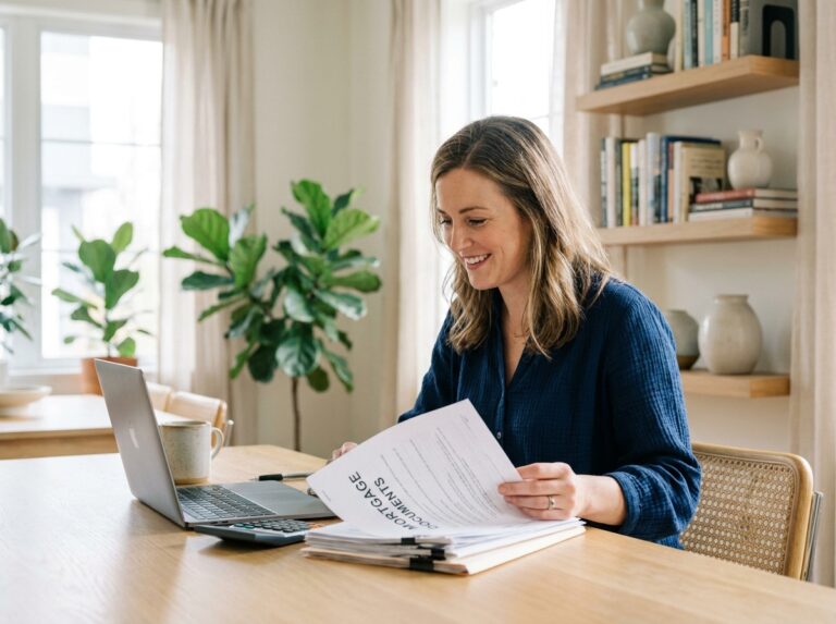 Femme souriante en cuisine avec documents de prêt immobilier