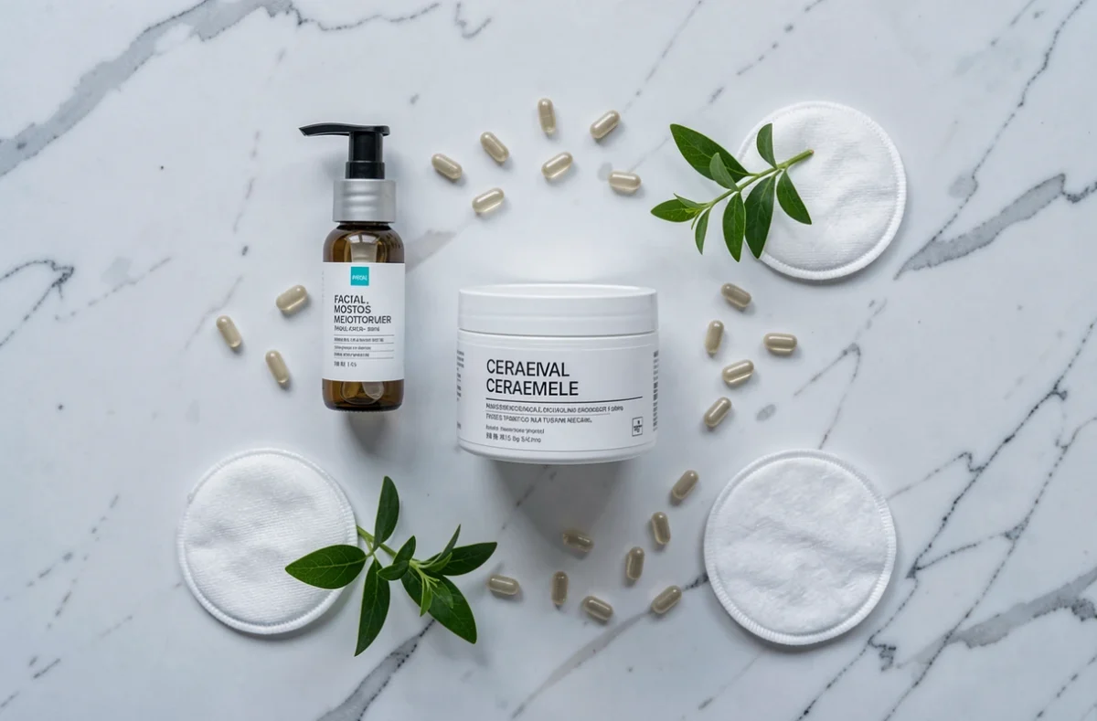 Flat lay de produits de soin CeraVe avec céramides et cotons sur marbre blanc