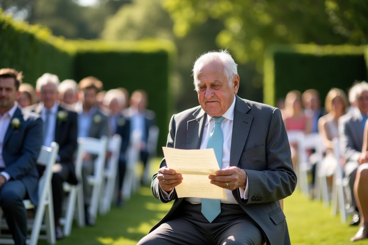 Grand-père lisant un discours lors d'une cérémonie de mariage en plein air dans un jardin fleuri