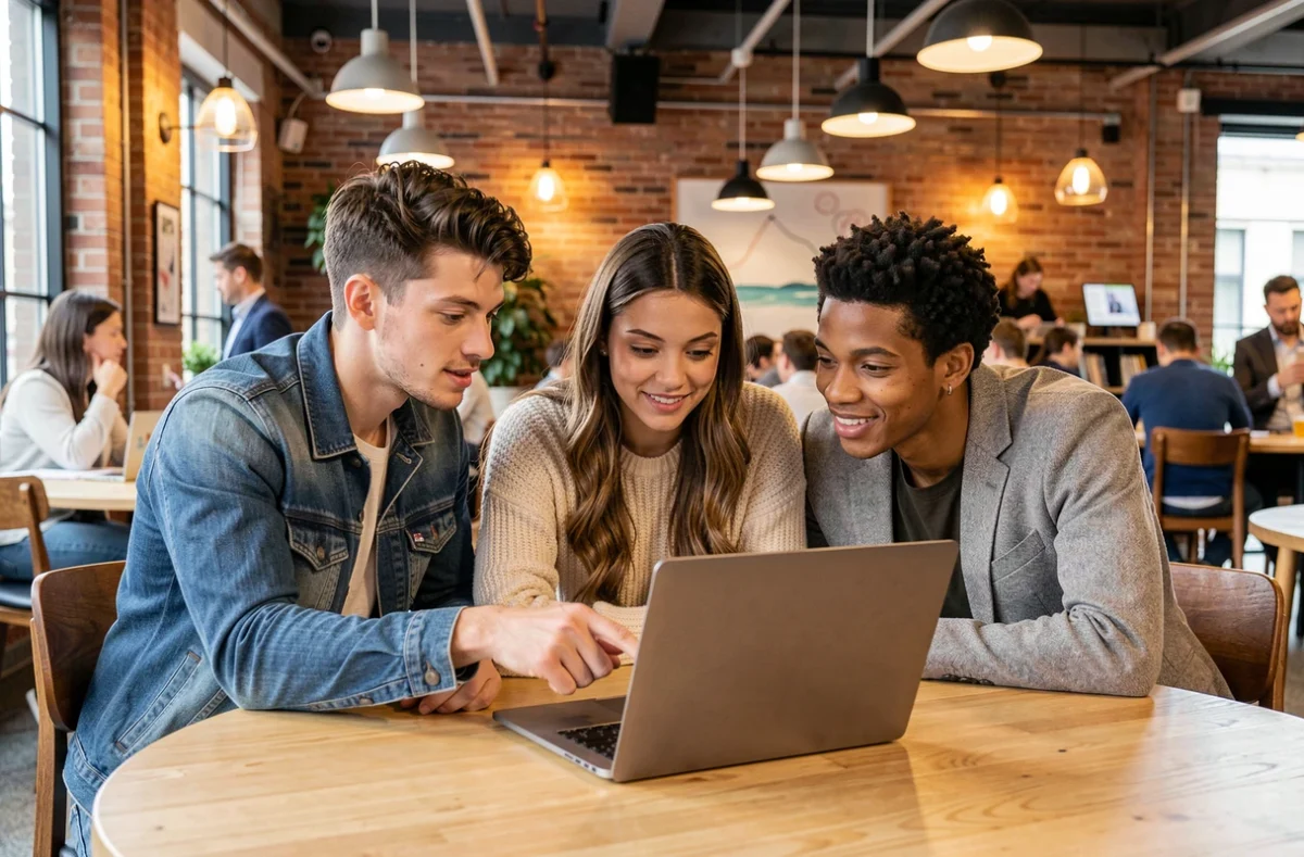 Groupe de jeunes professionnels collaborant sur un ordinateur portable dans un espace de coworking pour leur recherche d'emploi