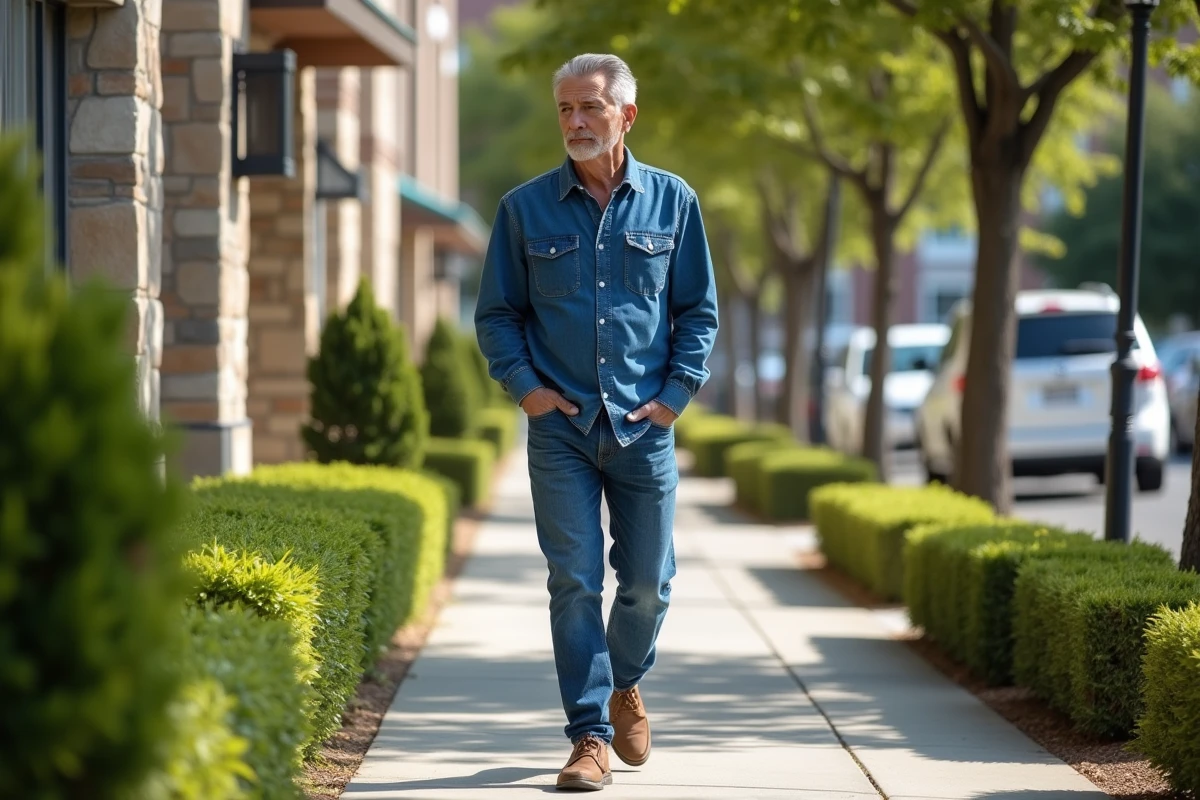 Homme en jean marchant dans un quartier résidentiel