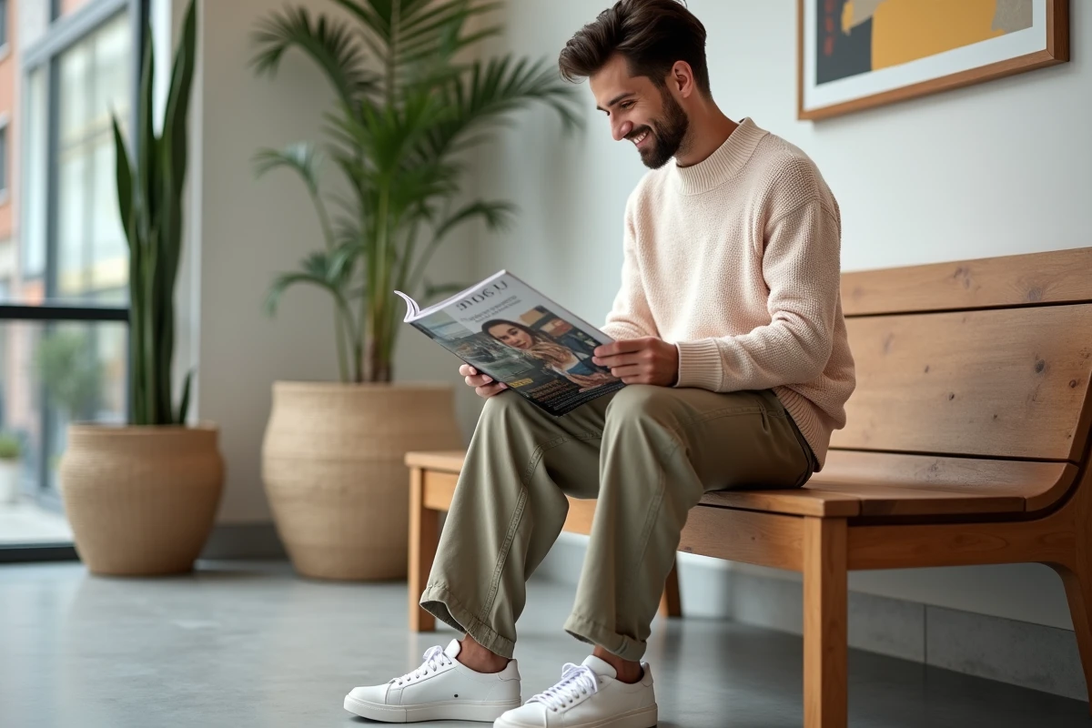Homme détendu dans un café moderne avec magazine stylé