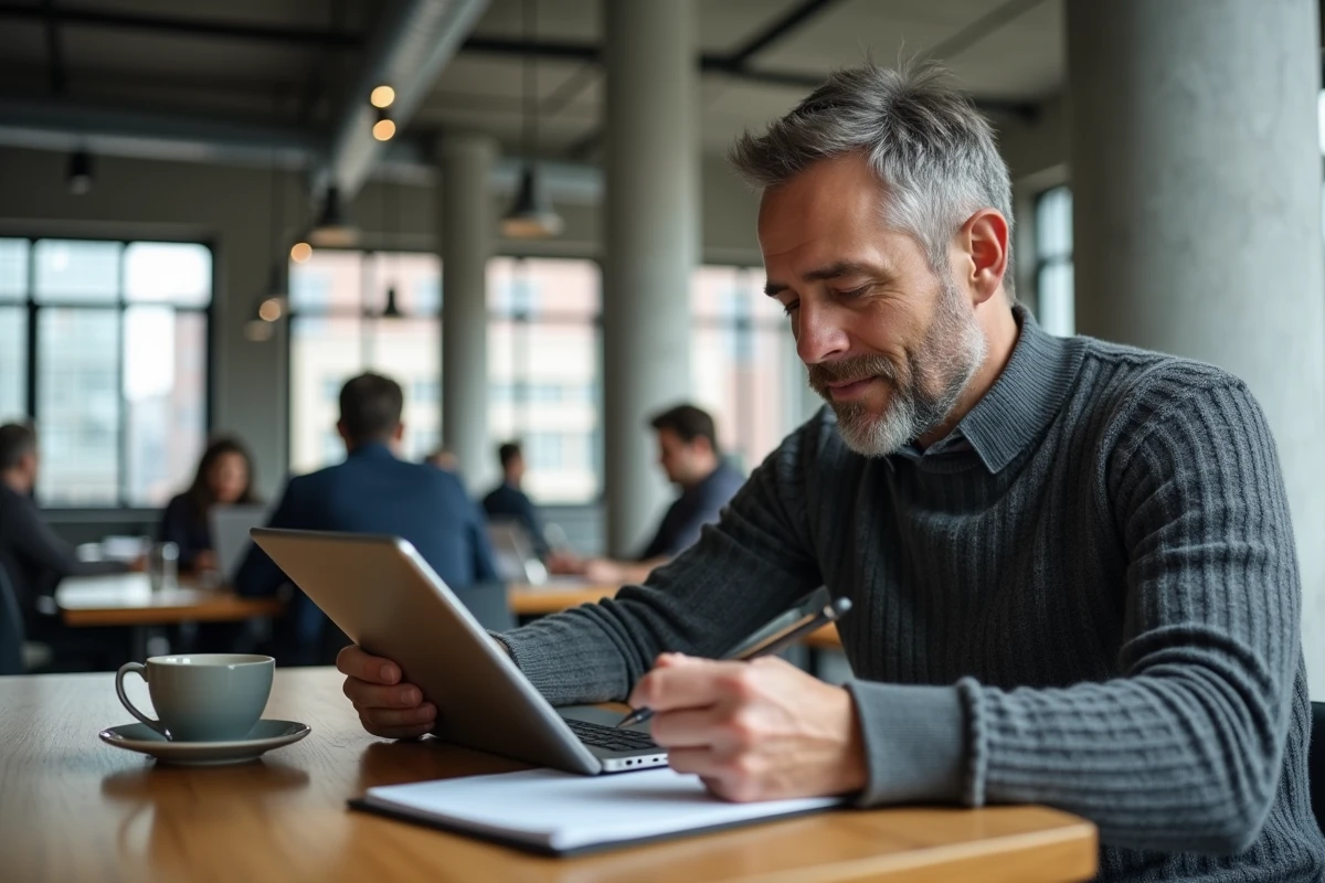 Homme en reconversion utilisant une tablette pour suivre une formation professionnelle en ligne dans un espace de coworking