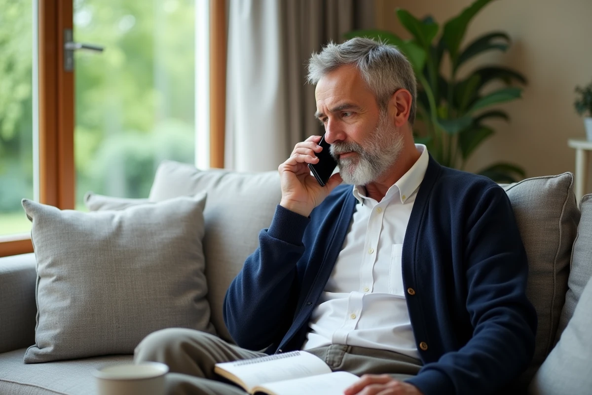 Homme âgé au salon en train de composer un numéro de téléphone