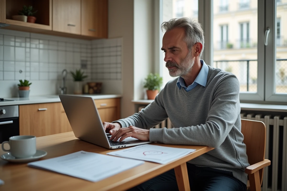 Homme consultant ses documents d'imposition sur l'épargne salariale depuis son domicile avec un ordinateur portable