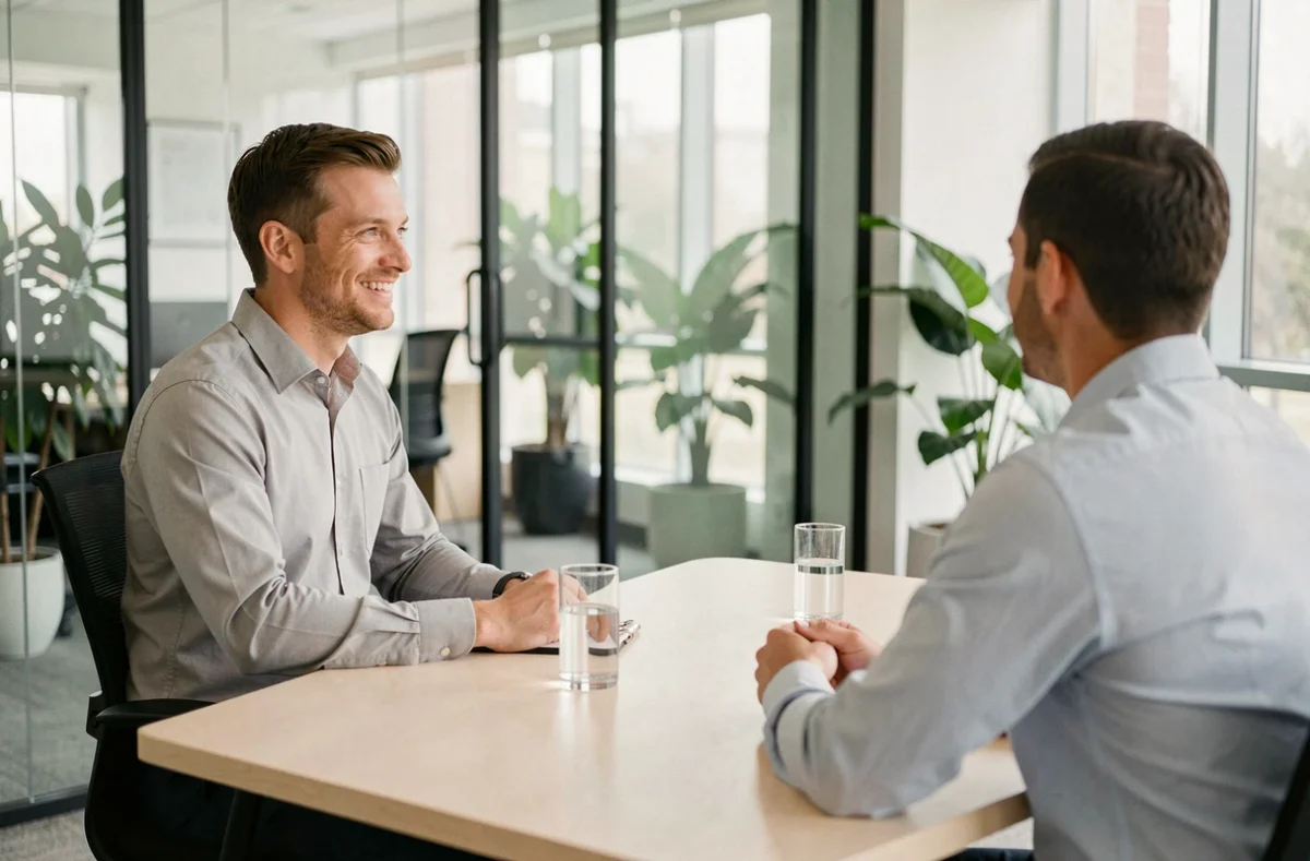 Homme en entretien d'embauche dans un bureau moderne face à un recruteur, souriant avec assurance