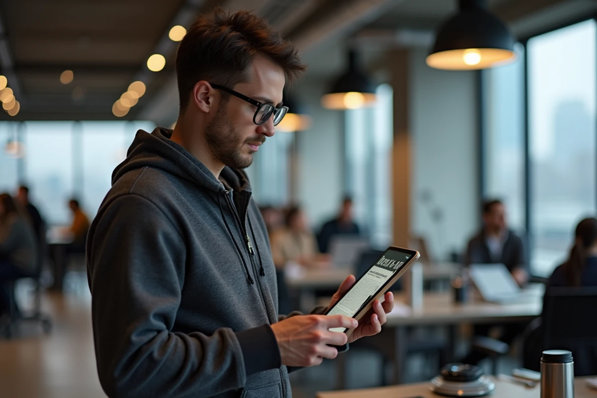Homme geek consultant des ressources et astuces web sur une tablette dans un espace de co-working moderne et urbain