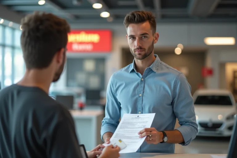Homme discutant contrat de location en agence