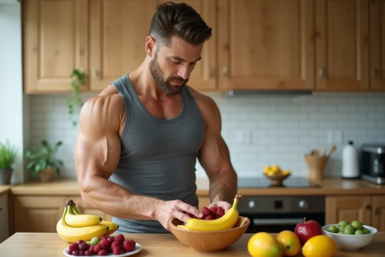 Un homme musclé prépare un bol de fruits riches en nutriments pour sa prise de masse musculaire dans une cuisine moderne