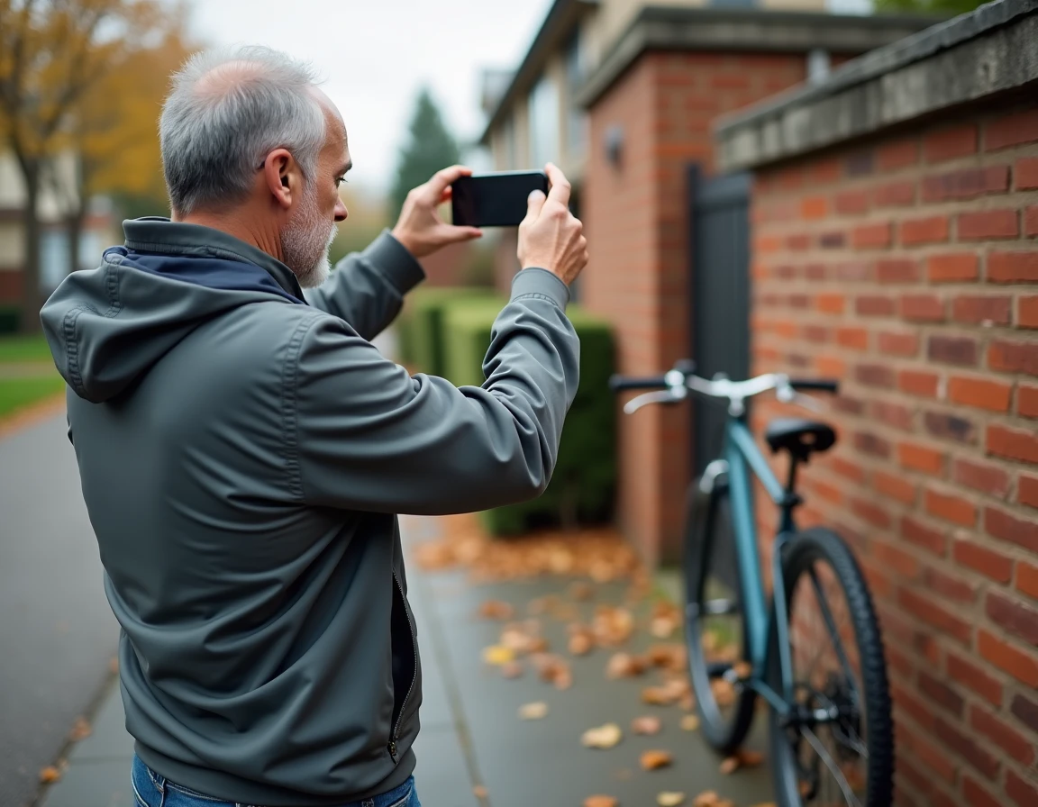 Homme photographiant un vélo d'occasion avec son smartphone pour publier une petite annonce locale